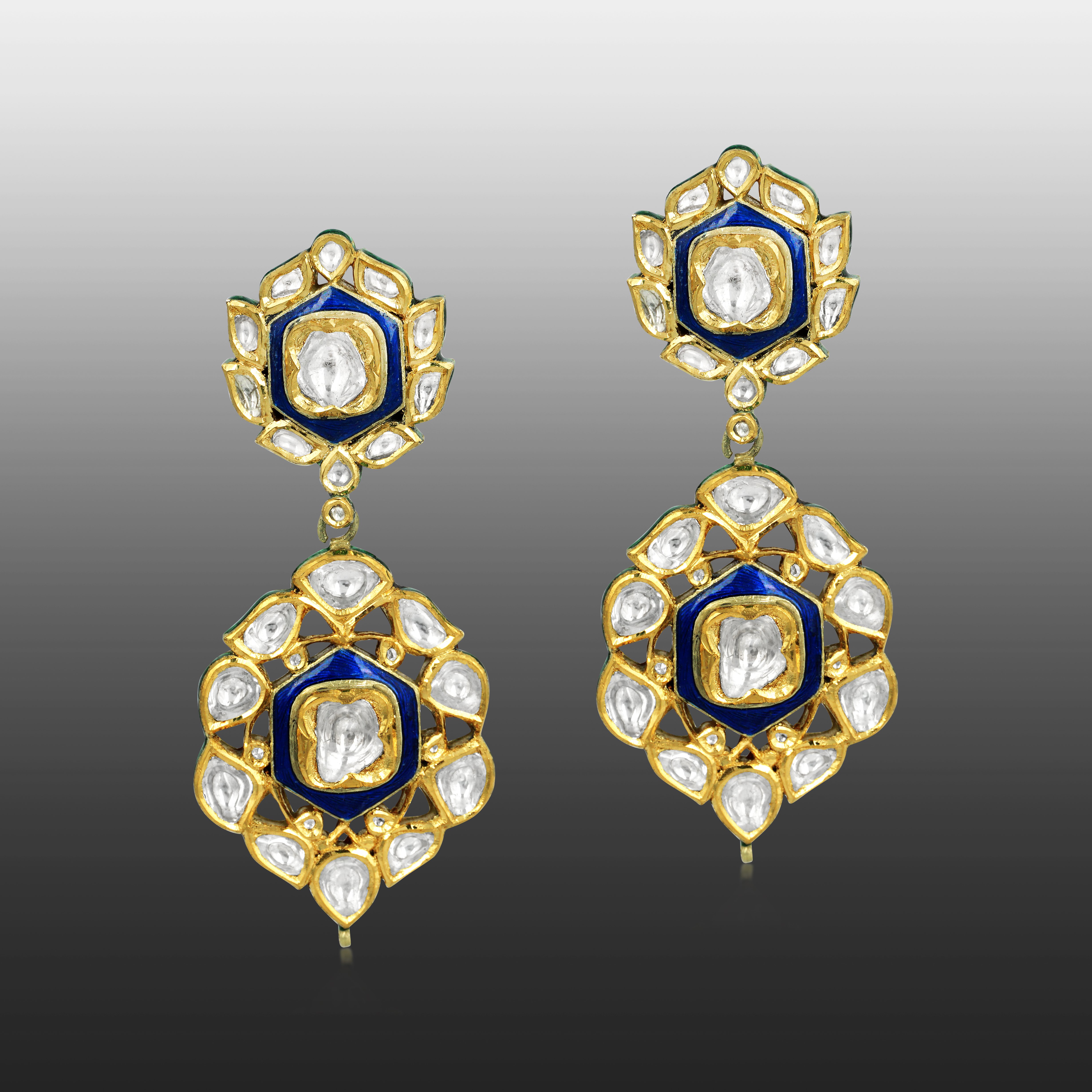 Blue Enamel Earrings with Polki Cluster and Bold Detailing